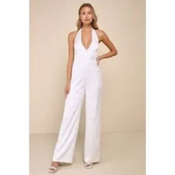 Lulu's Woman's Elegant Aspect Floral Jacquard Halter Jumpsuit Ivory Size M NWT - Picture 4 of 4